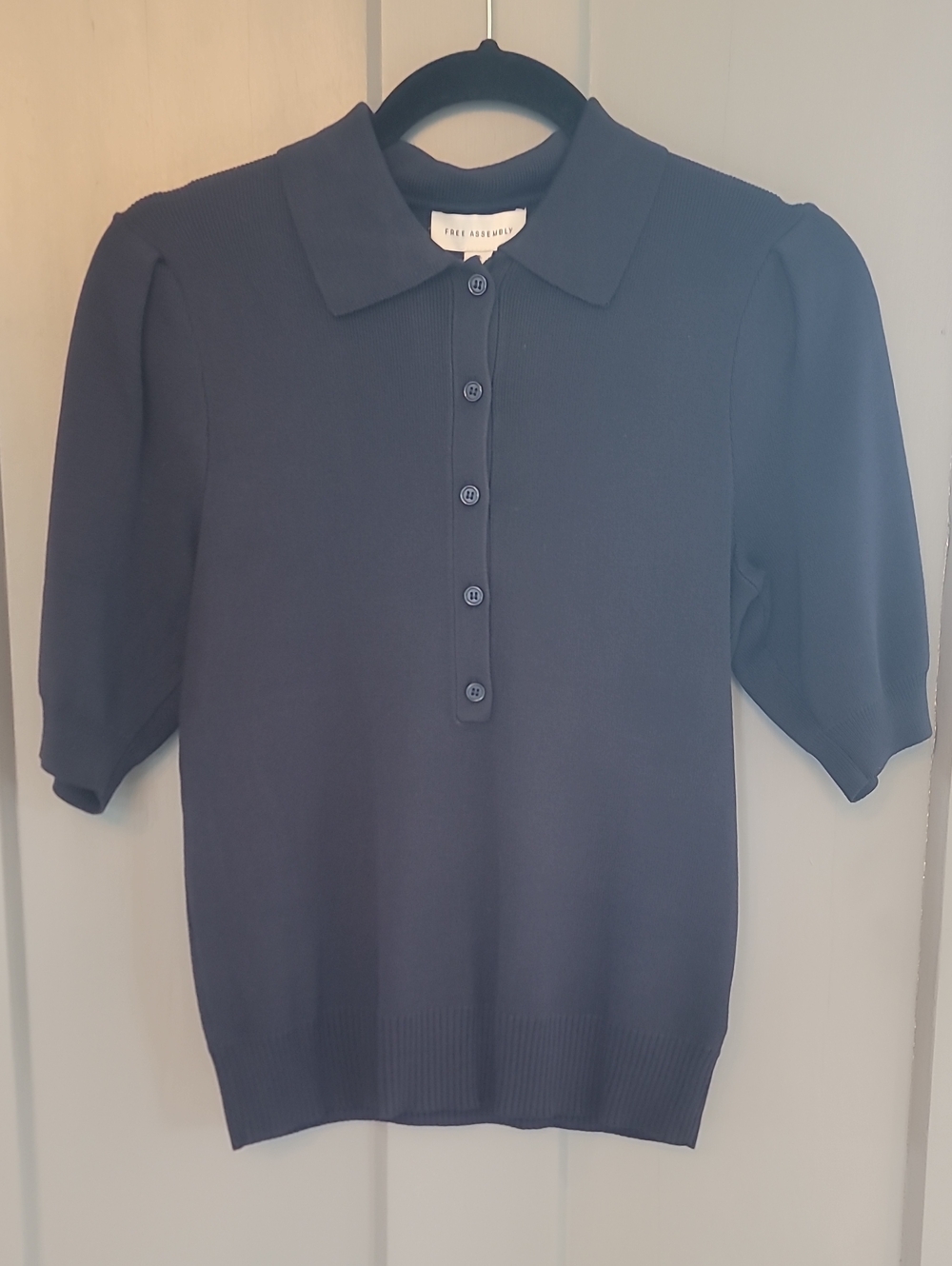 Navy Puff-Sleeve Button-Front Polo Top
